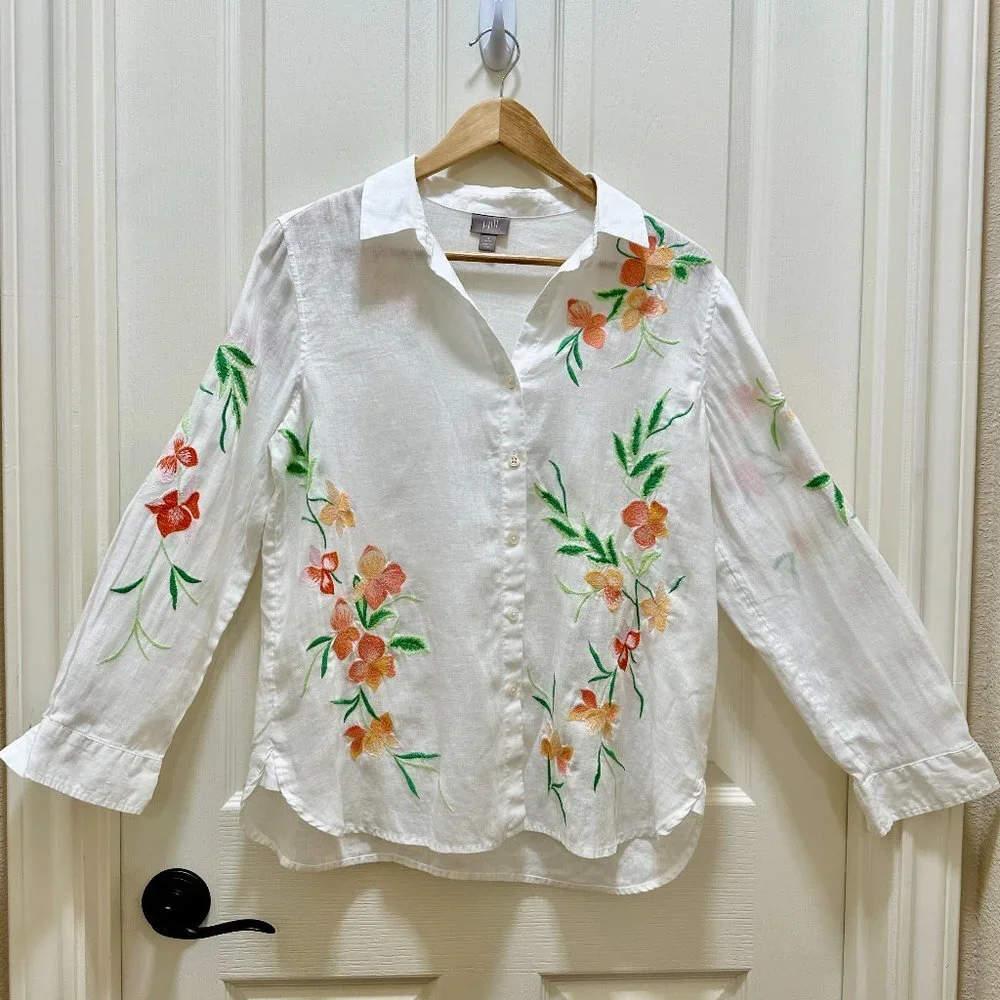 J.Jill 100% Linen Embroidery Shirt Blouse Women's Size S White Floral Button Up - Picture 16 of 16